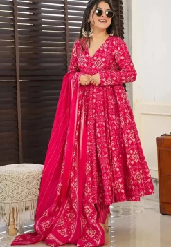 Digital Printed Pure Muslin Silk A Line Suit in Fuchsia