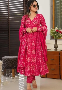 Digital Printed Pure Muslin Silk A Line Suit in Fuchsia