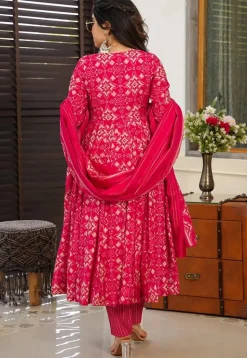 Digital Printed Pure Muslin Silk A Line Suit in Fuchsia