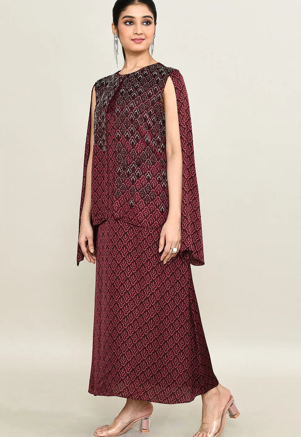 Digital Printed Pure Satin Midi Dress in Maroon