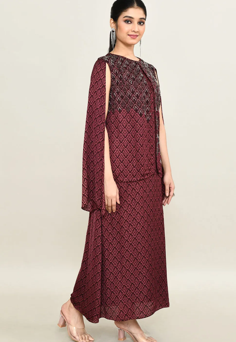Digital Printed Pure Satin Midi Dress in Maroon