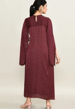 Digital Printed Pure Satin Midi Dress in Maroon
