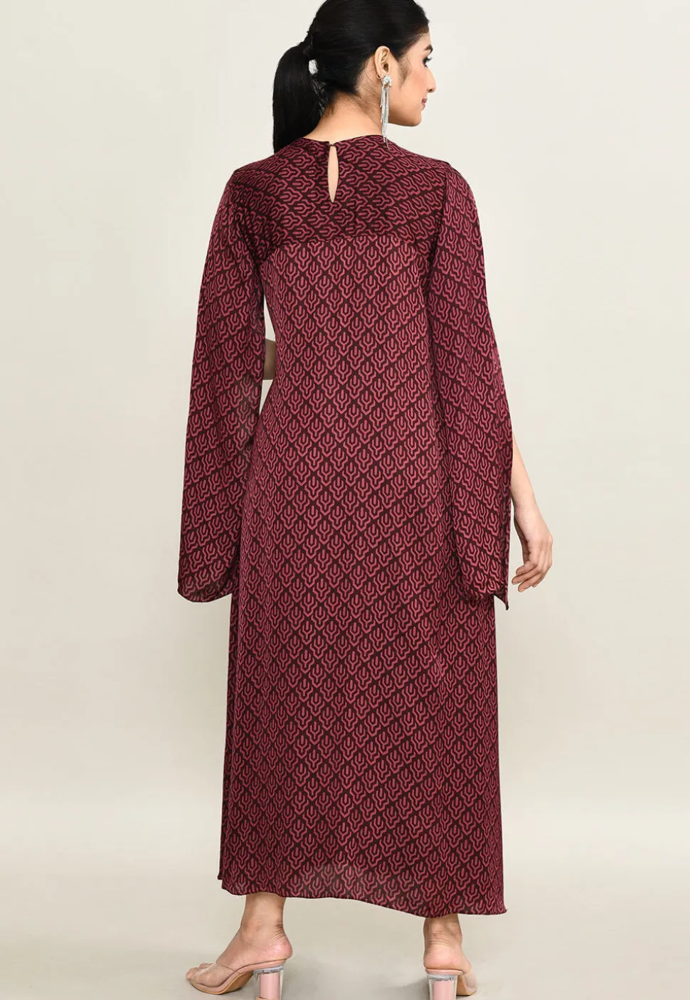 Digital Printed Pure Satin Midi Dress in Maroon