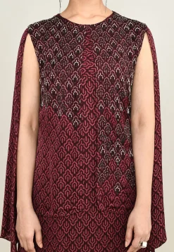 Digital Printed Pure Satin Midi Dress in Maroon