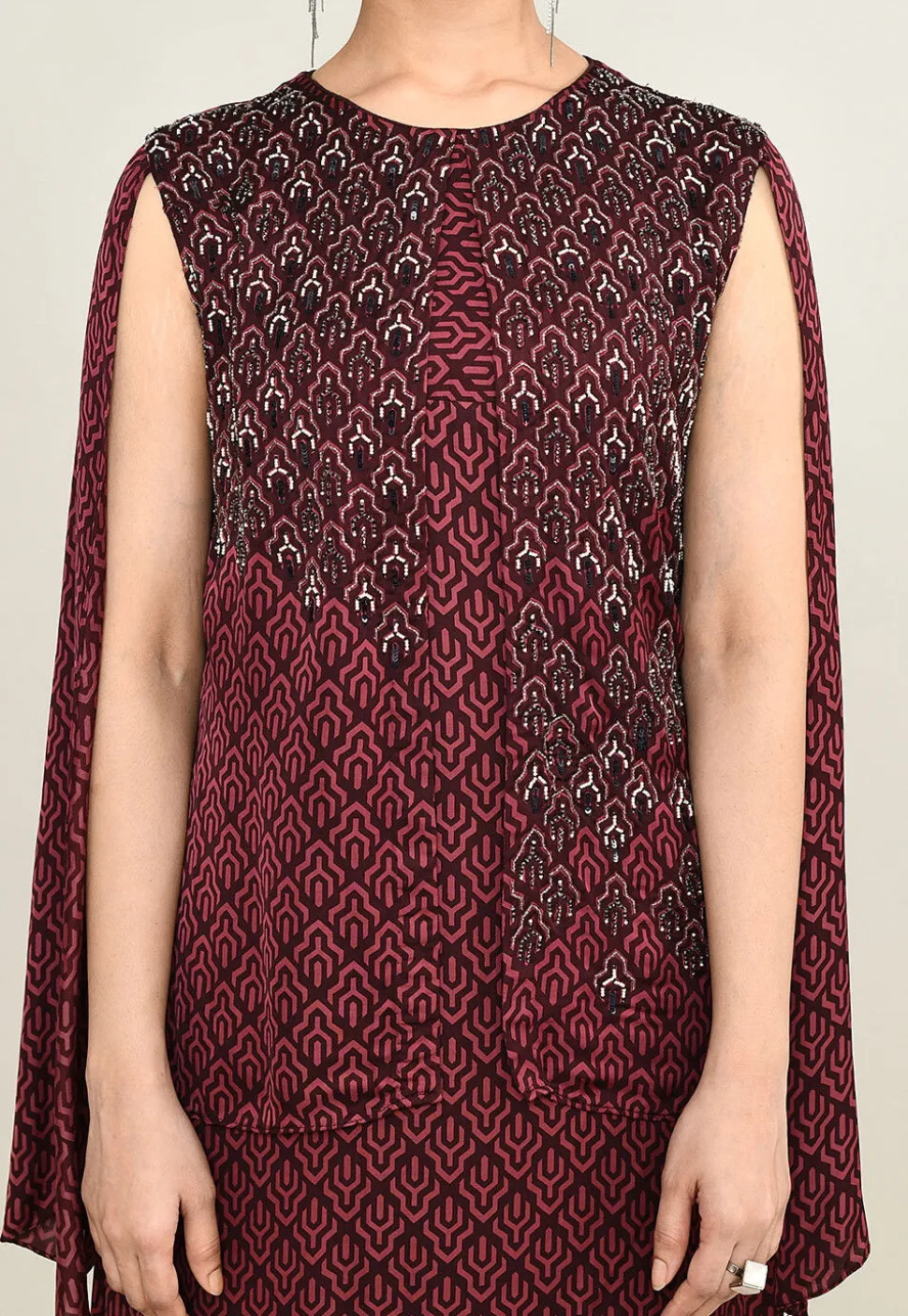Digital Printed Pure Satin Midi Dress in Maroon