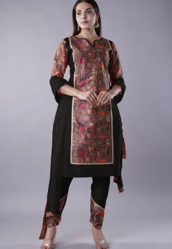 Digital Printed Raw Silk Punjabi Suit in Black and Multicolor