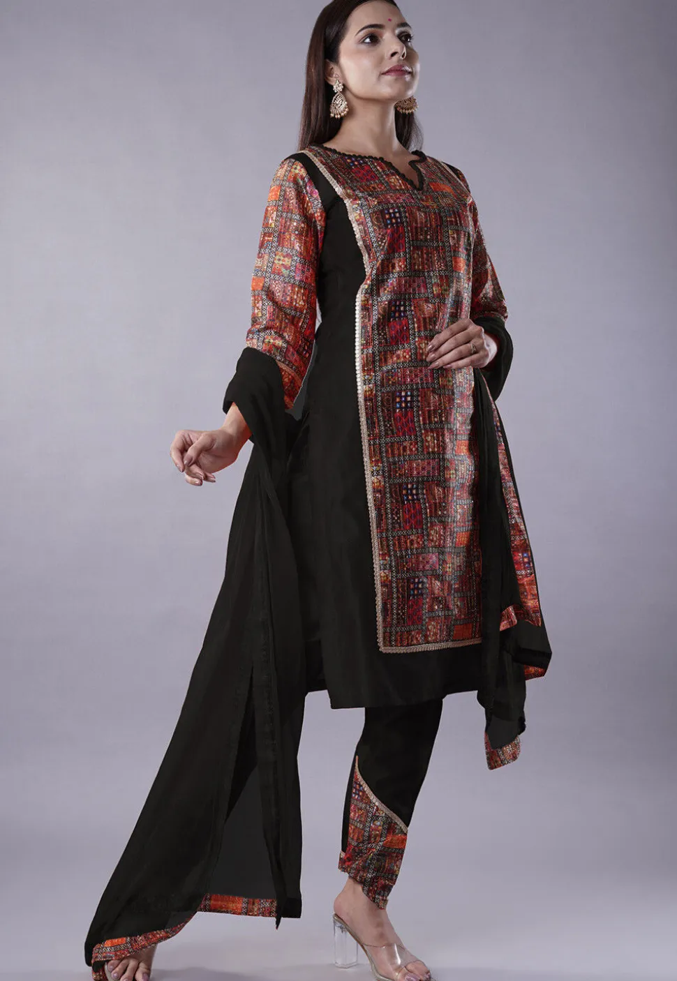 Digital Printed Raw Silk Punjabi Suit in Black and Multicolor