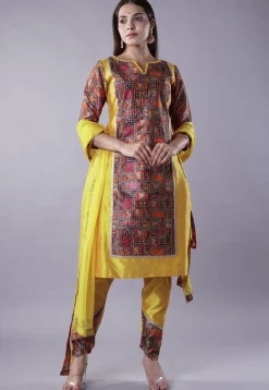 Digital Printed Raw Silk Punjabi Suit in Yellow and Multicolor