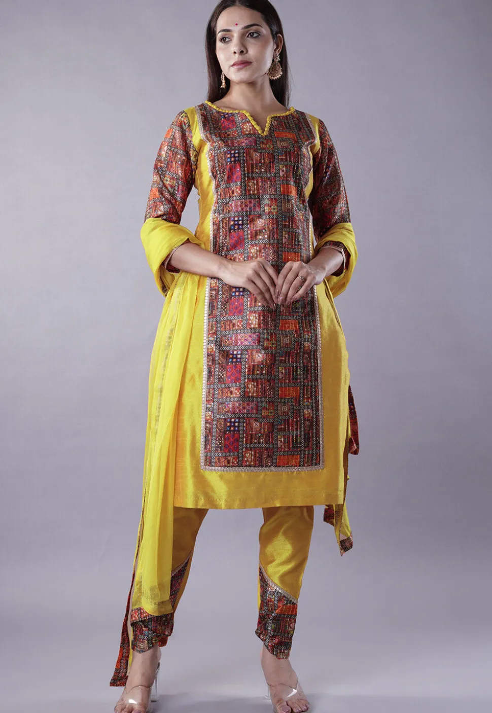 Digital Printed Raw Silk Punjabi Suit in Yellow and Multicolor