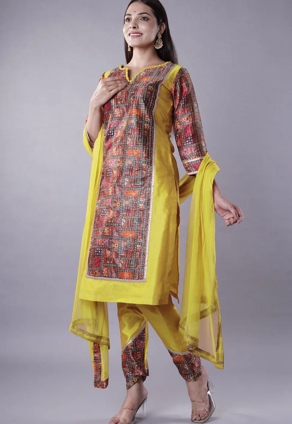 Digital Printed Raw Silk Punjabi Suit in Yellow and Multicolor