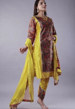 Digital Printed Raw Silk Punjabi Suit in Yellow and Multicolor
