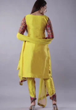 Digital Printed Raw Silk Punjabi Suit in Yellow and Multicolor