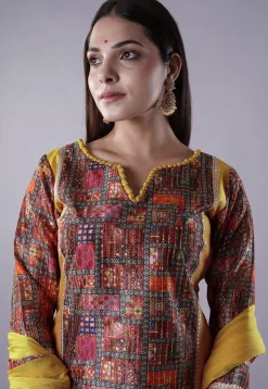 Digital Printed Raw Silk Punjabi Suit in Yellow and Multicolor