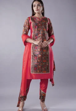 Digital Printed Raw Silk Punjabi Suit in Pink and Multicolor