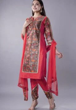Digital Printed Raw Silk Punjabi Suit in Pink and Multicolor
