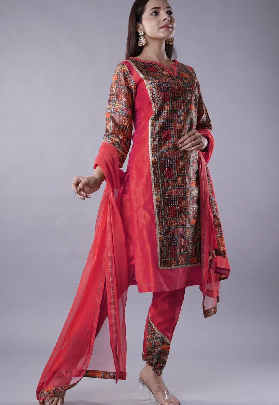 Digital Printed Raw Silk Punjabi Suit in Pink and Multicolor