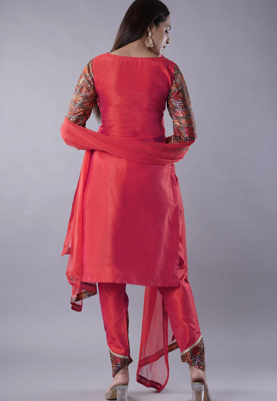 Digital Printed Raw Silk Punjabi Suit in Pink and Multicolor