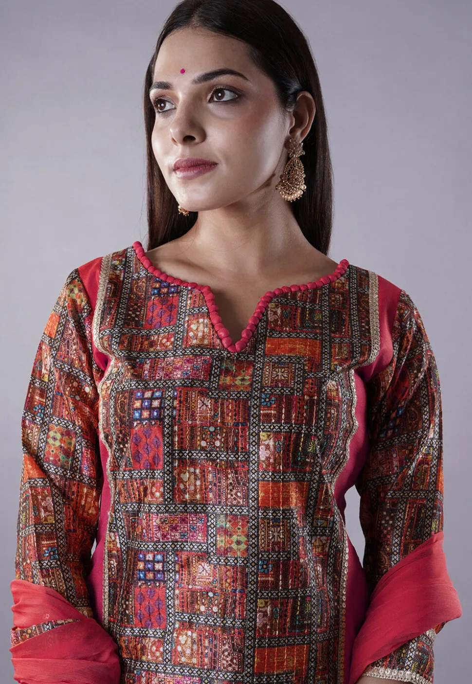 Digital Printed Raw Silk Punjabi Suit in Pink and Multicolor