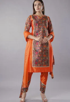 Digital Printed Raw Silk Punjabi Suit in Multicolor