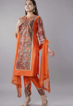 Digital Printed Raw Silk Punjabi Suit in Multicolor