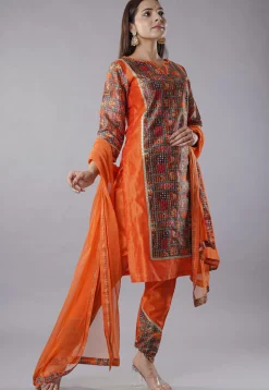 Digital Printed Raw Silk Punjabi Suit in Multicolor