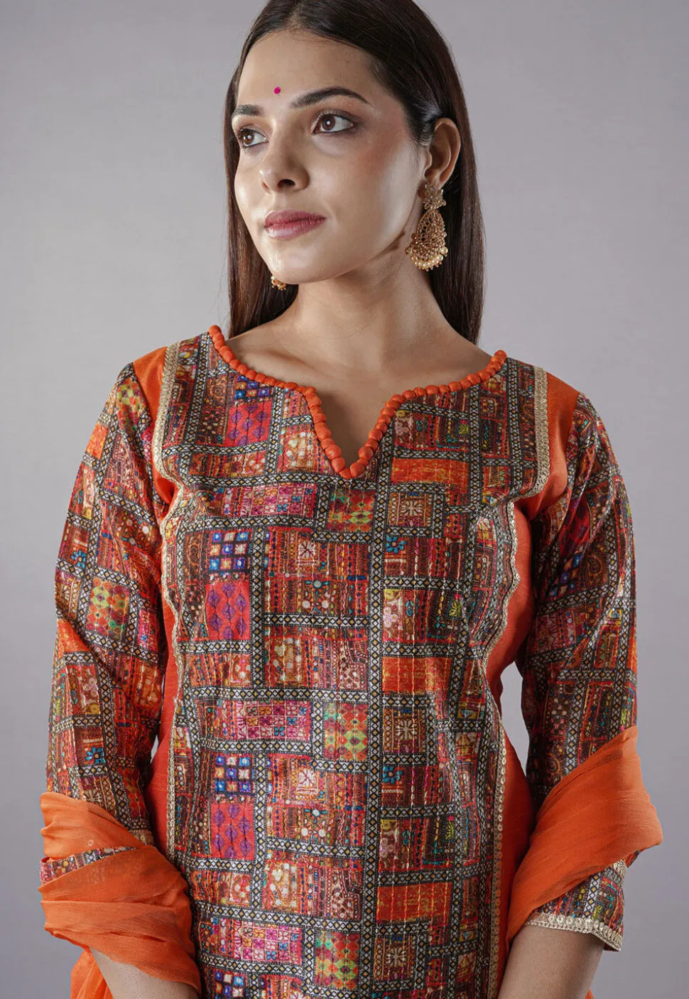 Digital Printed Raw Silk Punjabi Suit in Multicolor