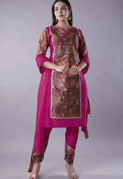 Digital Printed Raw Silk Punjabi Suit in Magenta and Multicolor