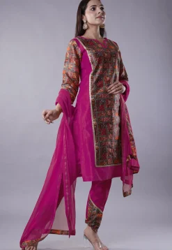 Digital Printed Raw Silk Punjabi Suit in Magenta and Multicolor