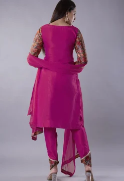 Digital Printed Raw Silk Punjabi Suit in Magenta and Multicolor