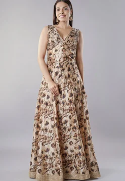 Digital Printed Raw Silk Gown in Beige