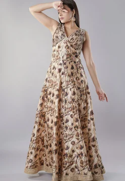 Digital Printed Raw Silk Gown in Beige