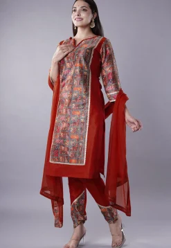 Digital Printed Raw Silk Punjabi Suit in Maroon and Multicolor