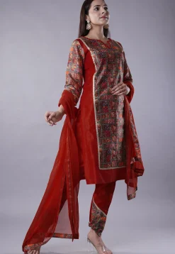Digital Printed Raw Silk Punjabi Suit in Maroon and Multicolor