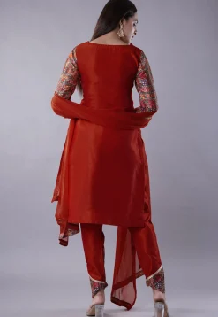 Digital Printed Raw Silk Punjabi Suit in Maroon and Multicolor