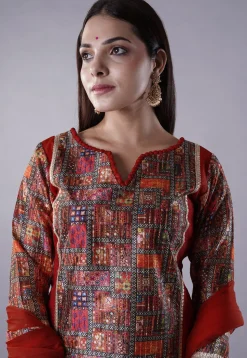 Digital Printed Raw Silk Punjabi Suit in Maroon and Multicolor