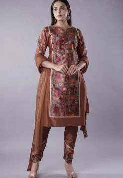 Digital Printed Raw Silk Punjabi Suit in Brown and Multicolor