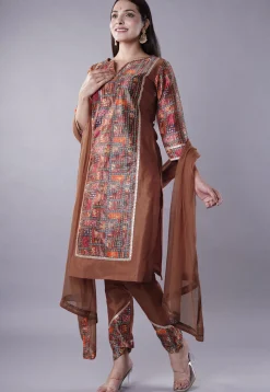 Digital Printed Raw Silk Punjabi Suit in Brown and Multicolor