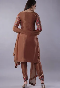 Digital Printed Raw Silk Punjabi Suit in Brown and Multicolor