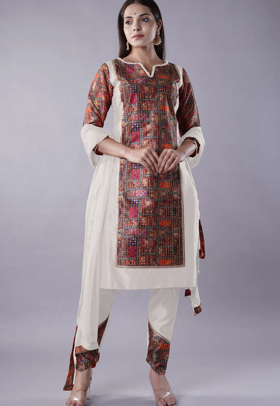 Digital Printed Raw Silk Punjabi Suit in White and Multicolor