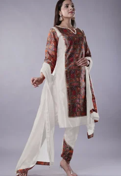 Digital Printed Raw Silk Punjabi Suit in White and Multicolor