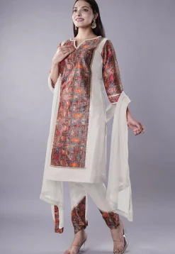 Digital Printed Raw Silk Punjabi Suit in White and Multicolor