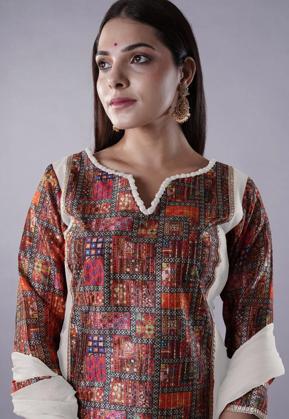 Digital Printed Raw Silk Punjabi Suit in White and Multicolor