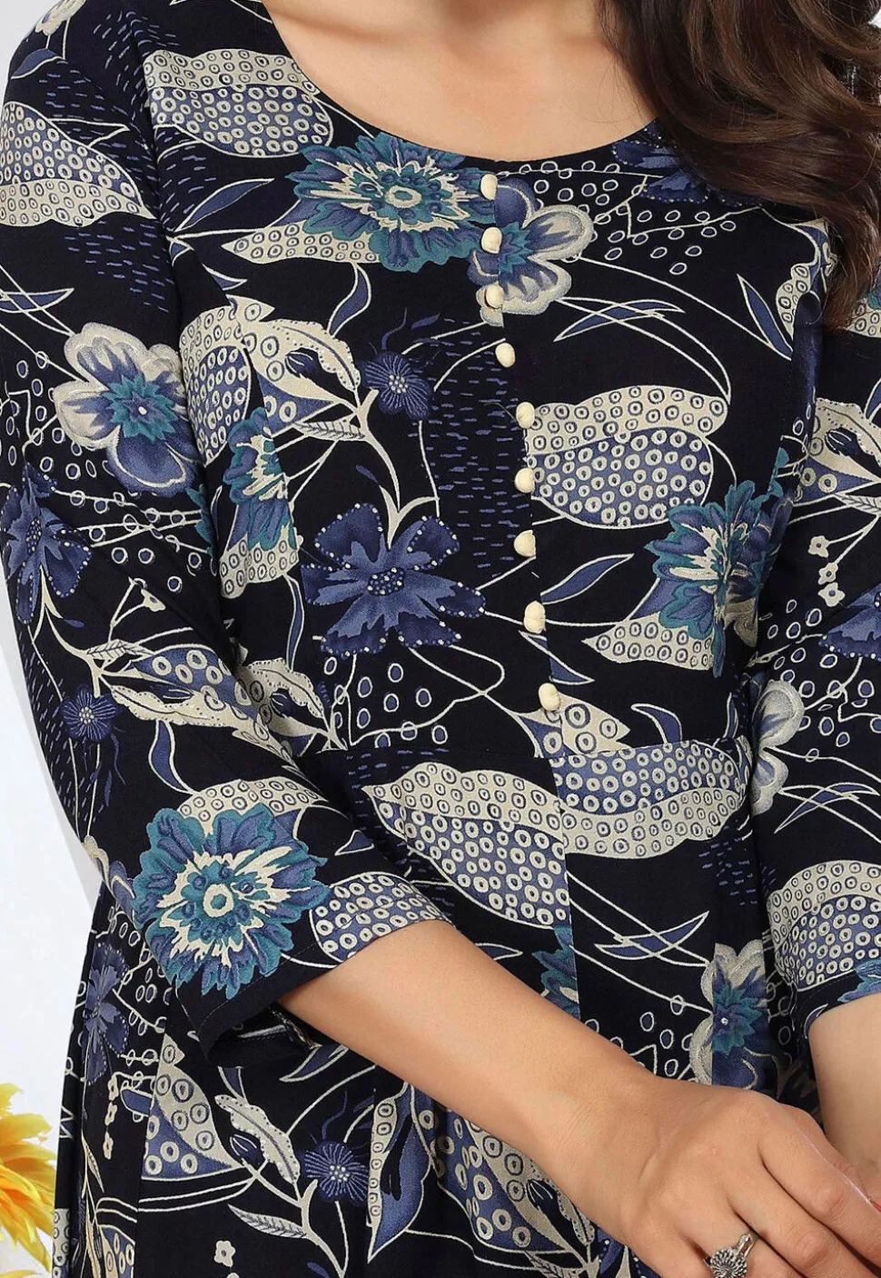 Digital Printed Rayon A Line Suit in Navy Blue