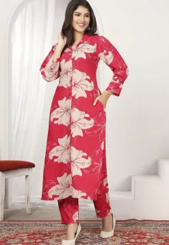 Digital Printed Rayon A Line Kurta Set in Pink