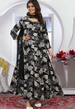 Digital Printed Rayon A Line Suit in Black