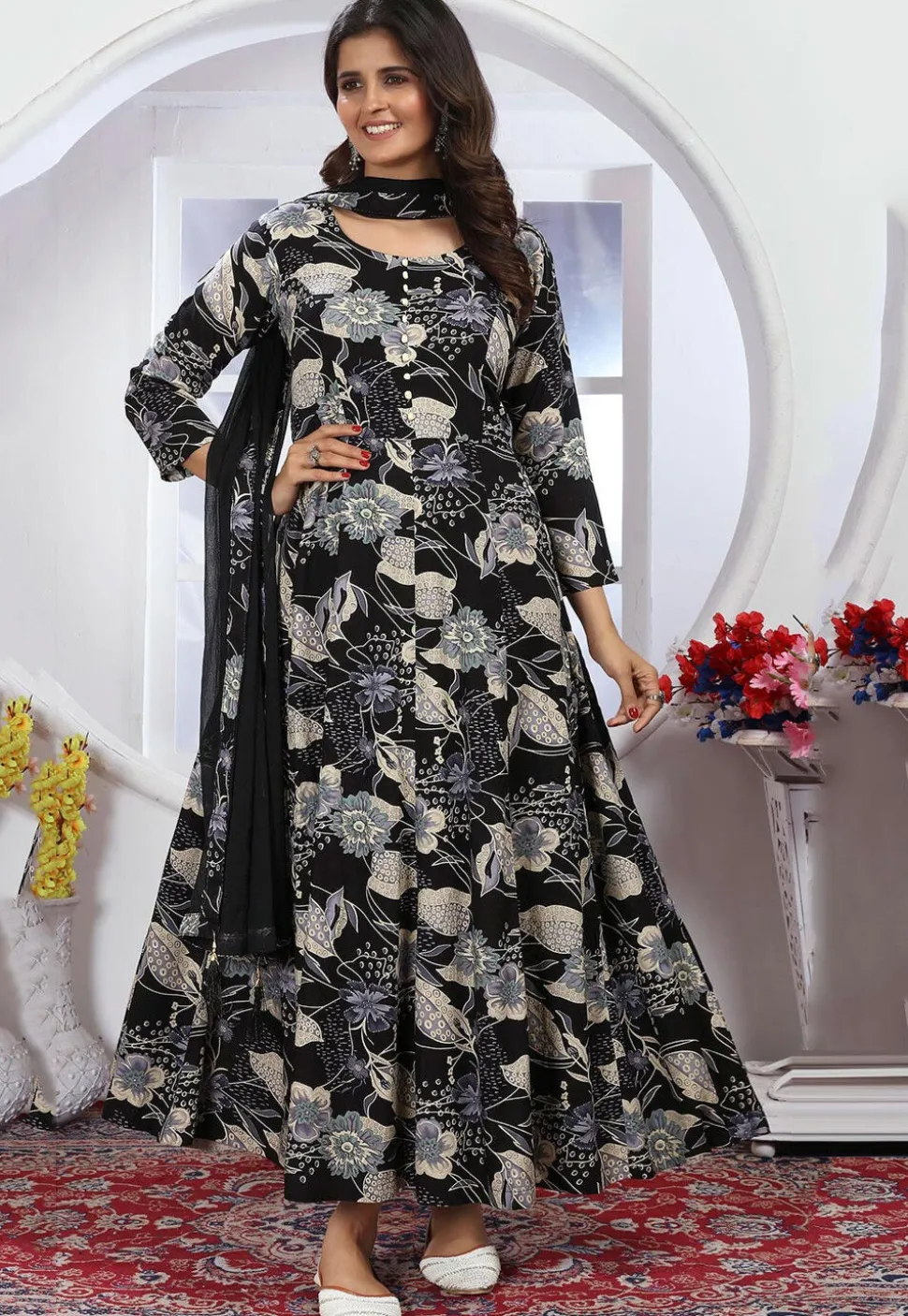 Digital Printed Rayon A Line Suit in Black
