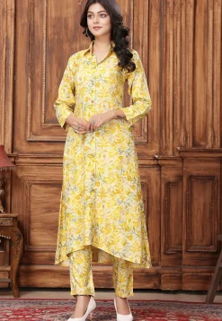 Digital Printed Rayon A Line Kurta Set in Yellow
