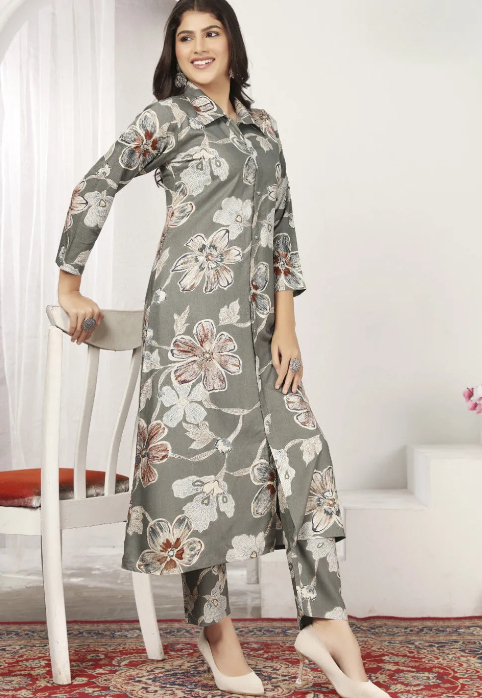 Digital Printed Rayon A Line Kurta Set in Grey