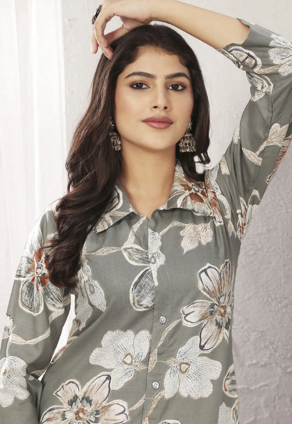 Digital Printed Rayon A Line Kurta Set in Grey