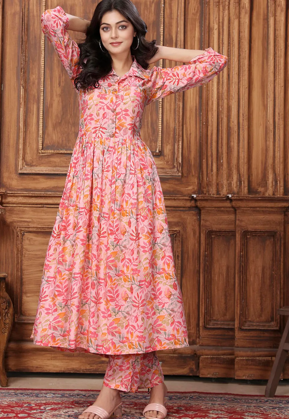 Digital Printed Rayon A Line Kurta Set in Peach